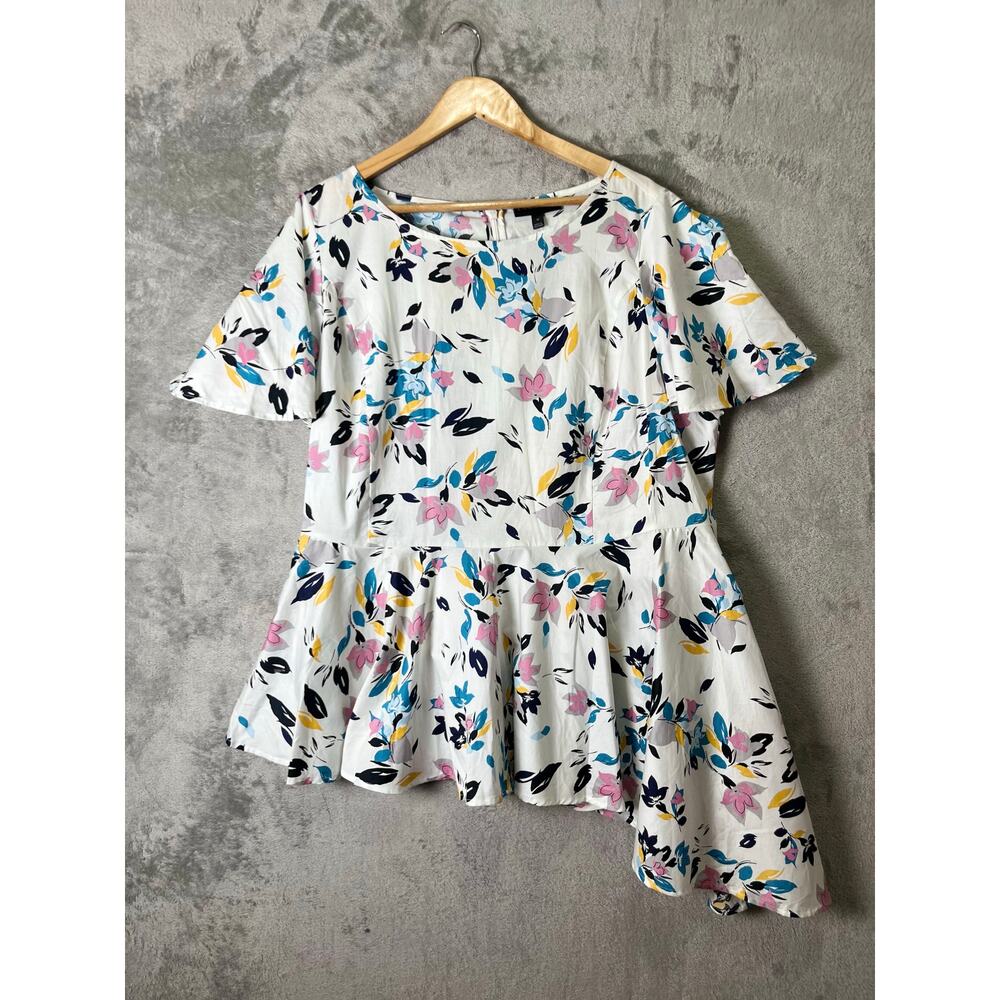 Lane Bryant Floral Asymmetrical Peplum Top Flutter Sleeve Cotton Size‎ 18 NEW